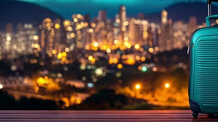 Discover urban adventures with a travel agency promotion featuring vibrant city nightscape and luggage