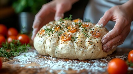 Baker shaping focaccia with tomatoes, thyme; kitchen background; recipe, food blog