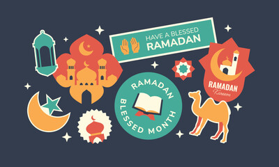 Fototapeta premium Ramadan kareem sticker, badge, patch. Islamic holiday greetings in flat geometric style.
