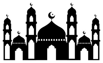 Silhouette Big Mosque with Crescent Star on Top of Dome and Detailed Window and Door