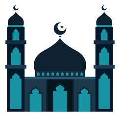 Blue Monochrome of Small Mosque with Crescent Star on Top of Dome