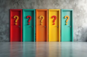 Colorful doors with question marks symbolize career choices. Multiple paths, opportunities represented. Image evokes feelings of uncertainty, decision-making. Modern design style shows choices,