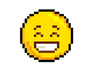 Obraz premium 8 bit pixel art yellow smiling eyes and a broad happy face icon with teeth