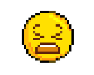 Obraz premium 8 bit pixel art yellow disappointed, upset face and closing eyes icon