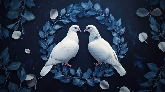 Two white doves facing each other are surrounded by circular wreath of blue leaves on dark background, symbolizing peace and unity