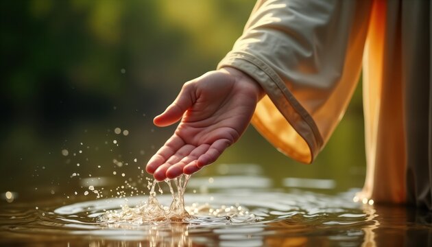Religious hand dips in water for baptism ritual. Water splashes around hand. Natural light creates soft glow. Spiritual ceremony outdoors. Christian tradition. Baptismal font body of water. Holy