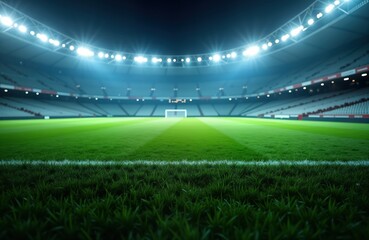 Empty soccer field under stadium lights at night. Green grass glows under stadium illumination. Sport arena empty. No people activity. Night scene. Perfect for sports content. Professional quality