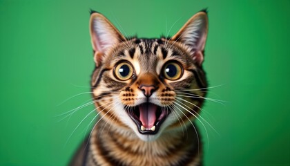 Surprised cat with big eyes, open mouth stares directly at viewer against green background. Amusing feline expression. Adorable pet. Funny animal photo. Cute domestic cat. Hilarious meme image.