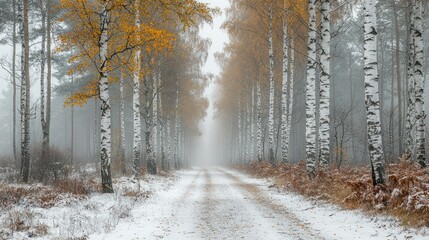 Fototapeta premium Enchanted Birch Forest Path: A Misty Winter Wonderland