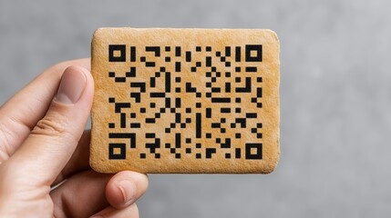 Hand Holding Brown Card With Black Qr Code On Gray Background