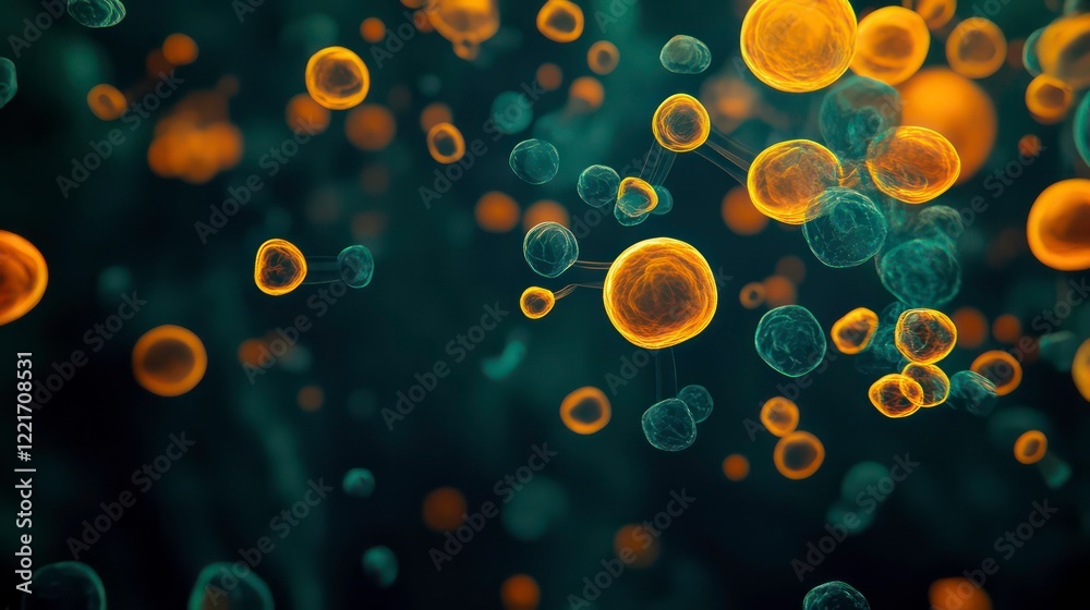 Poster abstract image of glowing orange and teal spheres, connected by thin lines, floating in dark space.