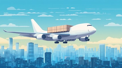 Cargo airplane flying over a city, delivering goods quickly globally