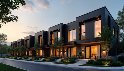 Obraz premium Row of modern townhouses in suburban area. Evening scene. Dark facades with illuminated windows. Landscaping with trees, bushes. Calm suburban street. Houses feature contemporary design.