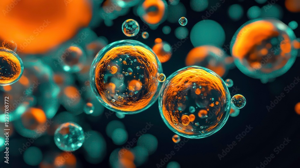 Canvas Prints vibrant digital visualization of microscopic organisms evolving, featuring dynamic orange and teal s