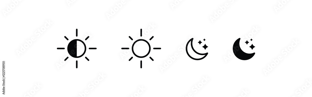 Poster sun and moon icon set. vector day and night or dark and light mode icons brightness symbol for toggle switche and brightness controls