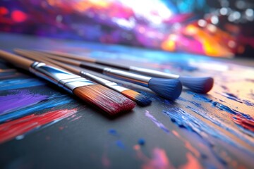 Obraz premium Colorful paint strokes fill the canvas surface as various paintbrushes rest nearby, showcasing a lively atmosphere of artistic expression and creativity at work in a studio