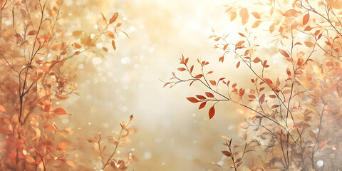 Fototapeta premium Serene autumnal branches with delicate, copper-toned leaves against a soft, bokeh background. Ideal for calming, nature-themed designs.