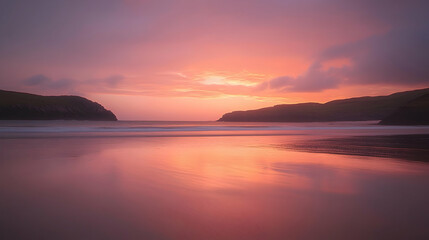 Obraz premium Serene pink sunset over a secluded beach, reflecting the vibrant sky on calm waters between dramatic cliffs.