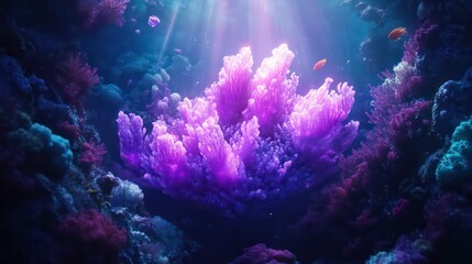 Fototapeta premium Vibrant purple coral reef illuminated by sunlight, showcasing diverse marine life and underwater scenery.