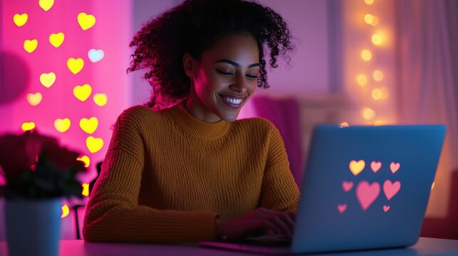 A young woman sitting at her desk, smiling as she creates a fun and empowering social media post for Singles Awareness Day, her laptop screen displaying a festive design with hearts and self-love - Powered by Adobe