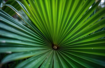 Obraz premium Closeup view of saw palmetto plant leaf. Vivid green palm leaf with distinct radiating lines. Natural beauty of nature. Healthy growth of plant. Outdoors scene. Detailed texture of tropical leaf.