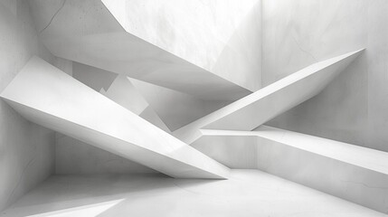 Abstract minimalist composition. Intersecting white geometric shapes create a clean, smooth texture. Subtle shadows accentuate the angles in this stark, modern space.
