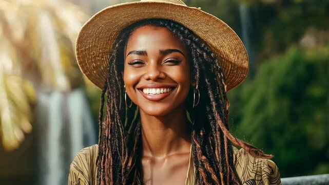 Smiling african woman with dreadlocks and hat in nature