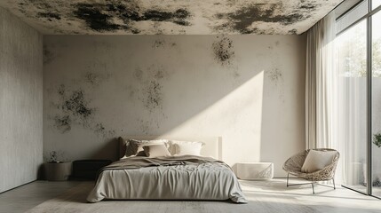 Cozy bedroom interior with modern chair and natural light, featuring mold growth on walls and ceiling, highlighting allergy concept.