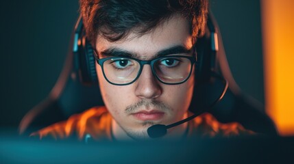 Esports Concept Focused gamer wearing glasses and headset in a dimly lit environment.