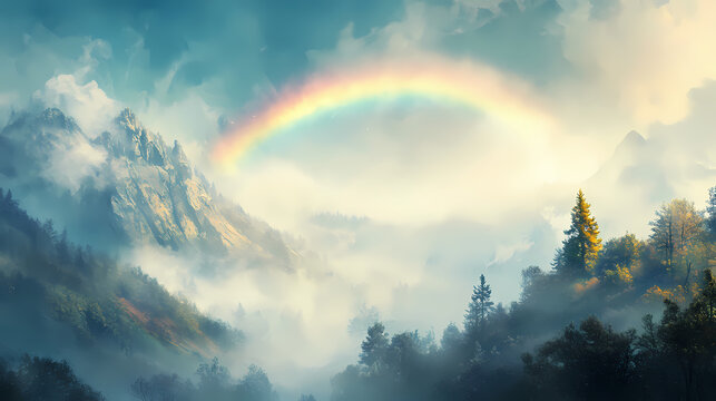 A stunning fogbow and rainbow arch over misty valley create serene landscape. vibrant colors contrast beautifully with soft fog, evoking sense of tranquility. Rainbow Valley. Illustration