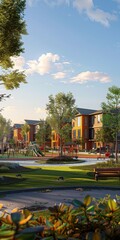 Naklejka premium Affordable housing. Efficient units. Shared amenities. Playground. Community center. Public transport access. Urban development render.