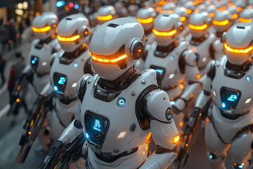 Fototapeta premium A group of police robots in tactical gear preparing for a mission