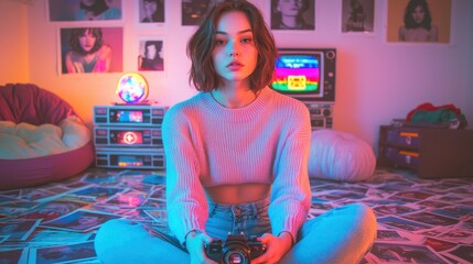 A retro 90s bedroom setup with a young woman sitting on the floor surrounded by old photographs, a vintage camera in her hands, wearing a cropped sweater and high-waisted jeans, the room styled with