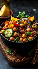 Quinoa salad with chickpeas, cucumber, tomato, red onion, and lemon vinaigrette, soft lighting and clean background in food photography
