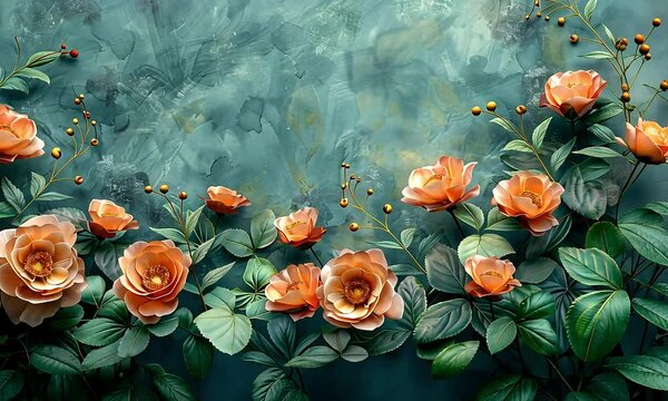 Peach roses teal background floral wall art decor