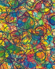 Vibrant Abstract Artwork: Intertwined Circles and Lines in a Symphony of Colors