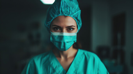 A nurse wearing scrubs and a surgical mask with an intense, focused expression in a dimly lit hospital environment.