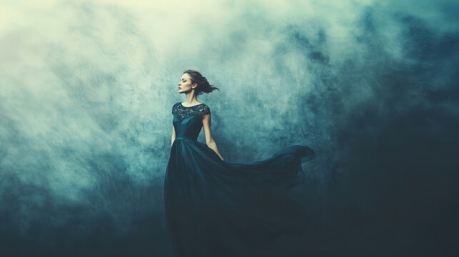A graceful woman in a flowing dark teal dress stands dramatically against a textured background, exuding elegance and poise.