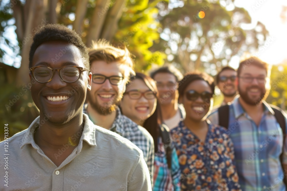 Poster Group of diverse young people standing together in the park smiling at camera