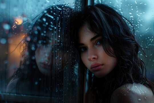 Rain-soaked window reflects a woman's melancholic gaze.  Her distorted image blends with the droplets, soft focus enhancing the somber mood. Dim light bathes the scene.