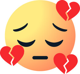 heartbroken emoji, heartbreak emoticon with sad face, closed eyes and red three broken hearts, emotional pain. expressing heartbreak, sadness, disappointment in love emotion