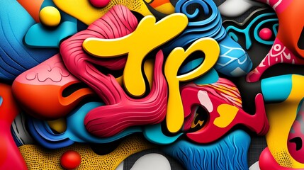 Obraz premium Vibrant text design, layered with warped abstract patterns, shiny surfaces, 3D illustration