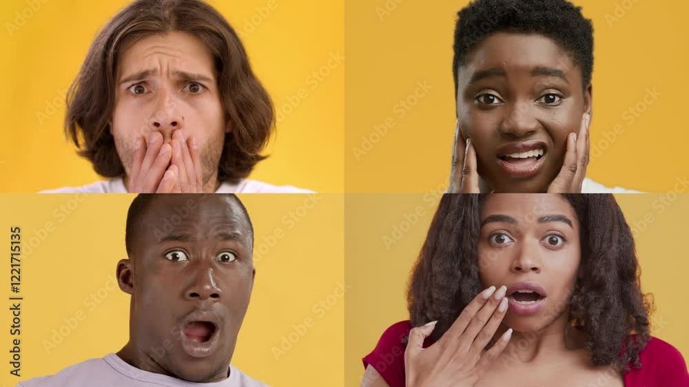 Poster Four individuals display various expressions of surprise, showcasing a range of emotions. The vibrant background highlights their diverse features and gestures, capturing genuine reactions.