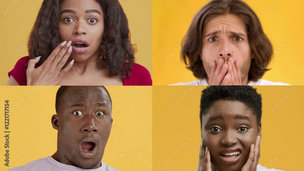 Poster Four people express surprise with various gestures and facial expressions against a vivid yellow background. Their diverse backgrounds highlight a range of emotions and reactions to an unseen event.
