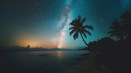A stunning view of the Milky Way galaxy above a calm tropical beach with palm trees silhouetted under a starry night sky.
