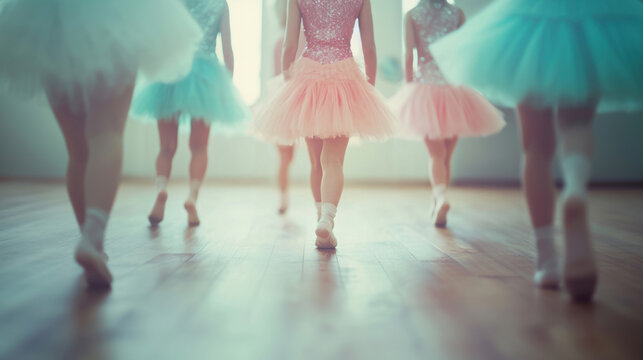 Girls in ballet outfits practicing and dancing together, surrounded by colorful balloons, creating a playful and joyful scene. - Powered by Adobe