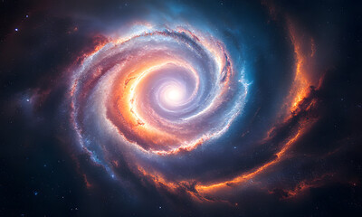 A vibrant spiral galaxy with orange and purple hues, suitable for space-themed designs, astronomy publications, or science-related projects