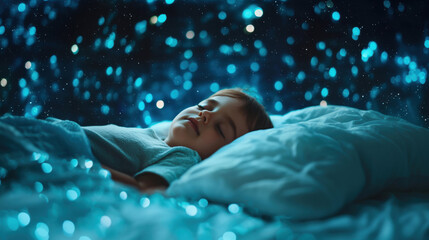 A serene child sleeps on a cozy pillow surrounded by glowing blue lights, creating a magical and dreamy atmosphere.