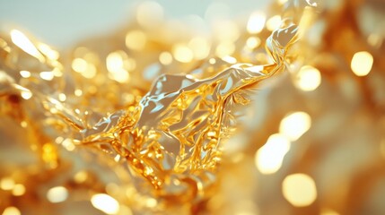 The shiny gold foil crinkles create a dynamic texture that reflects light, enhancing the visual impact and richness of the material