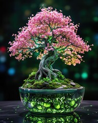 A Futuristic Bonsai Tree with Pink Blossoms and Glowing Green Veins in a Transparent Glass Bowl, a Digital Art Piece Showing Nature and Technology Intertwined.